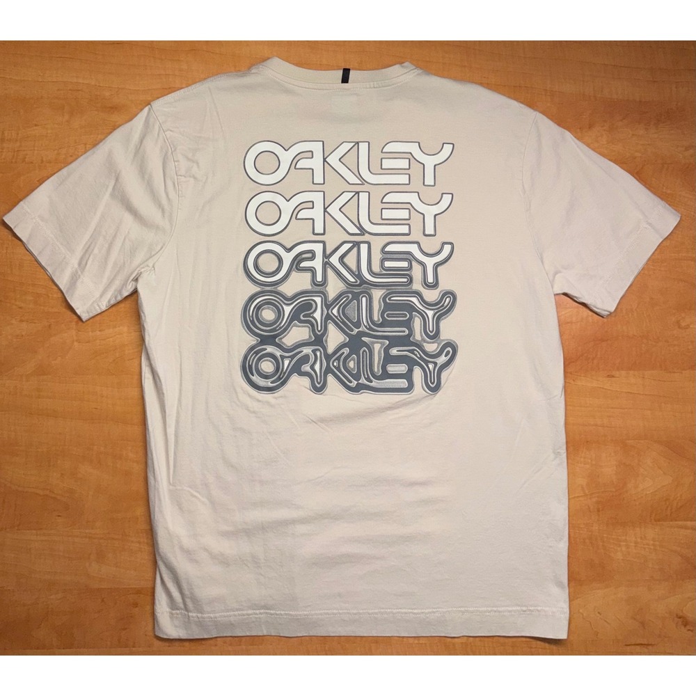 Oakley Mens XL Sand Beige Stacked Liquid Logo Graphic T-Shirt Regular Fit Cotton